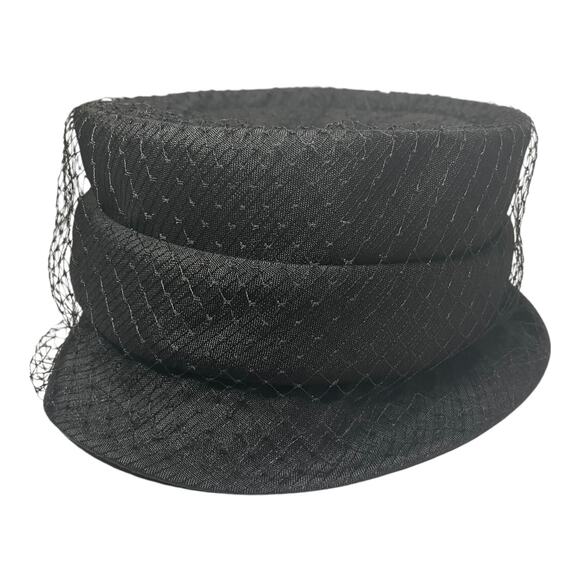 Vintage 1950s Black Pillbox Hat w Original Striped Hat Box Union Made 22” main image 5